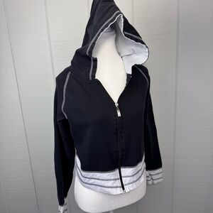 G.W. Sport Y2K Activewear Black Zip Up Hoodie White Trim Boarder Cropped